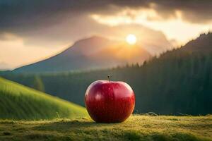 an apple sits on a grassy hill with the sun setting behind it. AI-Generated photo
