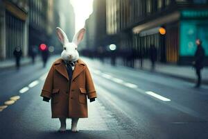 a rabbit wearing a coat and tie standing on a city street. AI-Generated photo