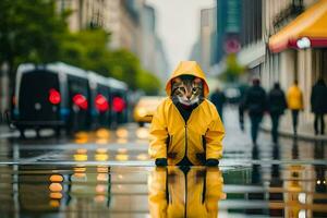 a cat in a yellow raincoat standing in the rain. AI-Generated photo