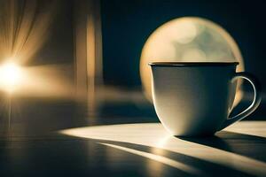 a coffee cup sits on a table in front of a window. AI-Generated photo