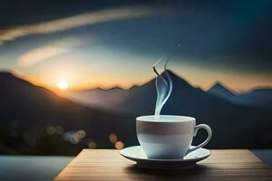 a cup of coffee on a table in front of mountains. AI-Generated photo