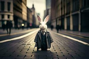 a rabbit dressed in a suit and tie standing on a street. AI-Generated photo