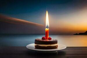 a chocolate cake with a single candle on top. AI-Generated photo