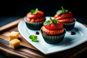 three cupcakes with strawberries on a white plate. AI-Generated photo