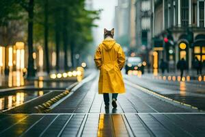 a fox in a yellow raincoat walking down a street. AI-Generated photo