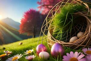 easter eggs in a basket, flowers, grass, sun, mountains, flowers, spring,. AI-Generated photo