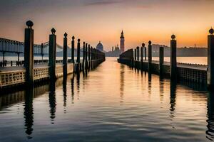 the sun is setting over a pier in venice. AI-Generated photo