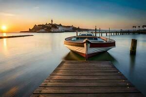 a boat docked at the end of a pier at sunset. AI-Generated photo