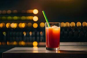 un vaso de rojo bebida con un verde Paja en un mesa. generado por ai foto