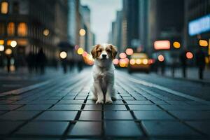 a dog sitting on the street in a city. AI-Generated photo