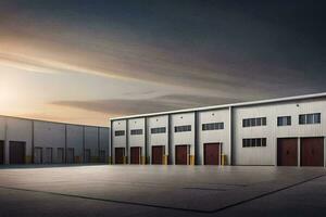 a large warehouse with two doors and a sky. AI-Generated photo