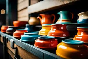 colorful pots and jugs on a shelf. AI-Generated photo