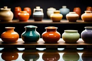 a row of colorful vases on a shelf. AI-Generated photo