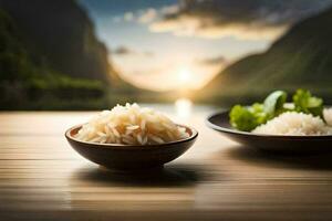 the rice is served in a bowl with a wooden table. AI-Generated photo