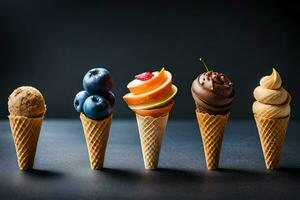 five ice cream cones with different flavors. AI-Generated photo