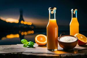 orange juice in bottles and a bowl of fresh fruit. AI-Generated photo