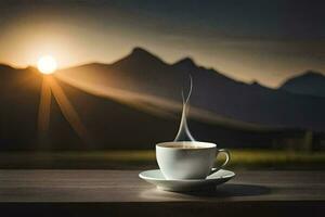 a cup of coffee on a table in front of a mountain. AI-Generated photo