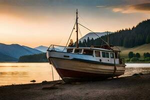 a boat sits on the shore of a lake at sunset. AI-Generated photo