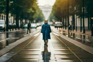 a woman in a blue coat walking down a street. AI-Generated photo