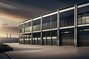 a large industrial building with a large garage door. AI-Generated photo