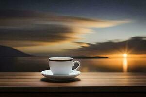 un taza de café en un mesa con un ver de el puesta de sol. generado por ai foto