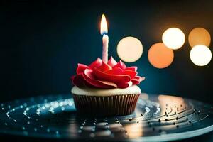 a cupcake with a single candle on top. AI-Generated photo