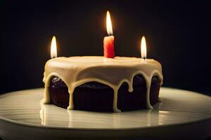 un chocolate pastel con velas en cima. generado por ai foto