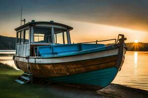 a boat sits on the shore at sunset. AI-Generated photo