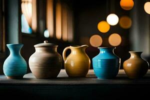 a row of colorful vases on a table. AI-Generated photo