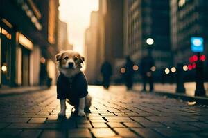 un perro en un chaqueta en pie en un calle. generado por ai foto