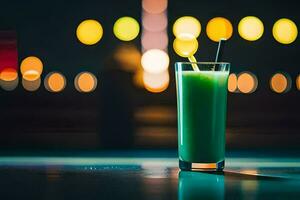 a green drink sitting on a table in front of a blurred background. AI-Generated photo