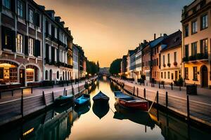 boats are docked in a canal at sunset. AI-Generated photo