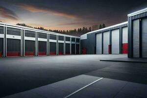 a large warehouse with red doors and a dark sky. AI-Generated photo