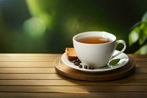 a cup of tea on a wooden table. AI-Generated photo