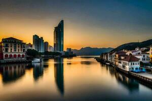 a river with buildings and boats in the foreground. AI-Generated photo