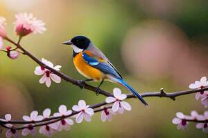 a bird sits on a branch with pink flowers. AI-Generated photo