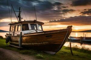 a boat sits on the shore at sunset. AI-Generated photo