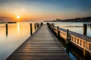 a wooden pier stretches out into the water at sunset. AI-Generated photo