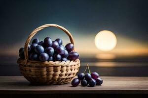 grapes in a basket on a table. AI-Generated photo