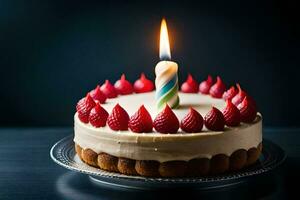 a birthday cake with a single candle. AI-Generated photo