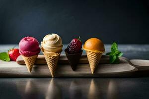 five different ice cream flavors on a wooden board. AI-Generated photo