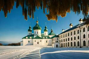 a large white church with green domes in the snow. AI-Generated photo