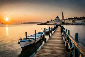 a boat is docked at the end of a pier at sunset. AI-Generated photo