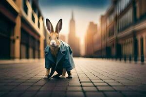 a rabbit in a coat standing on a street. AI-Generated photo