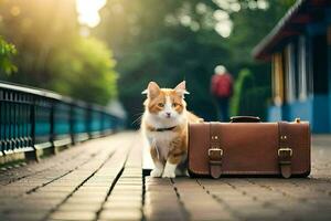 a cat sitting on a brick walkway with a suitcase. AI-Generated photo
