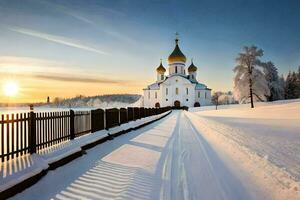 un Iglesia en el nieve con un Dom ajuste detrás él. generado por ai foto