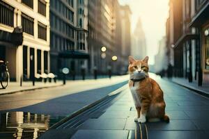 an orange and white cat sitting on the street. AI-Generated photo