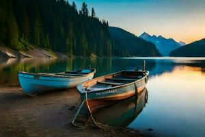 two boats on the shore of a lake. AI-Generated photo