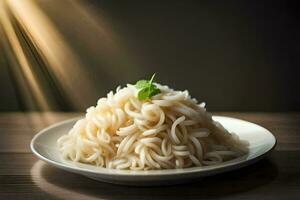 a plate of noodles on a table with sunlight. AI-Generated photo