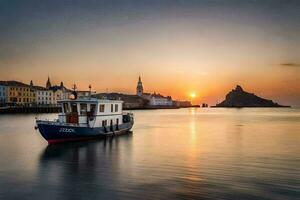 a boat in the water at sunset with a town in the background. AI-Generated photo